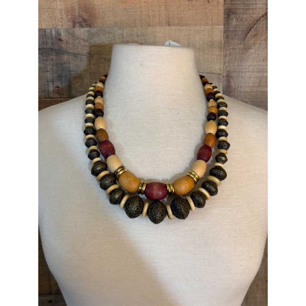 Set of 2 Beaded Necklaces Wood and Carved Metal Earth Tones Boho Style